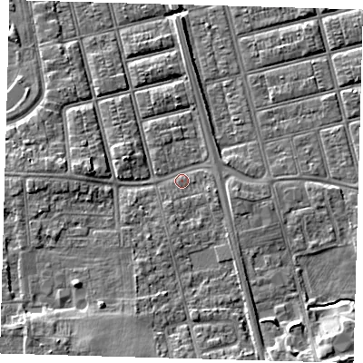 Shaded relief map of the ground around DN320PU, computed from Environment Agency LiDAR. The ground here sits at about 4 m above sea level and falls 9 m across the surrounding 800 m. Surface water reaching this point runs off ground lying to the south, 4.2 m higher.