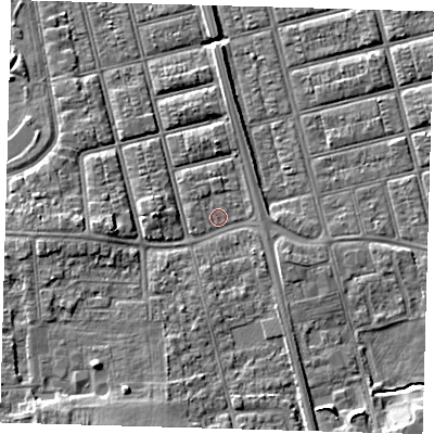 Shaded relief map of the ground around DN320PX, computed from Environment Agency LiDAR. The ground here sits at about 4 m above sea level and falls 7 m across the surrounding 800 m. Surface water reaching this point runs off ground lying to the south-south-west, 3.4 m higher.