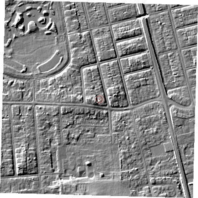 Shaded relief map of the ground around DN320PY, computed from Environment Agency LiDAR. The ground here sits at about 5 m above sea level and falls 8 m across the surrounding 800 m. Surface water reaching this point runs off ground lying to the west-south-west, 1.8 m higher.