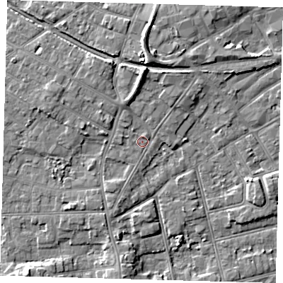 Shaded relief map of the ground around DN320QL, computed from Environment Agency LiDAR. The ground here sits at about 5 m above sea level and falls 8 m across the surrounding 800 m. Surface water reaching this point runs off ground lying to the north-west, 1.4 m higher.