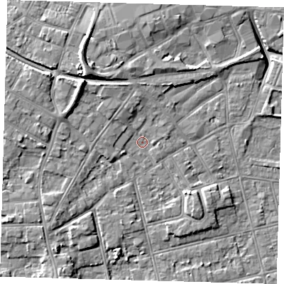 Shaded relief map of the ground around DN320QR, computed from Environment Agency LiDAR. The ground here sits at about 4 m above sea level and falls 10 m across the surrounding 800 m. Surface water reaching this point runs off ground lying to the north-north-west, 2.5 m higher.