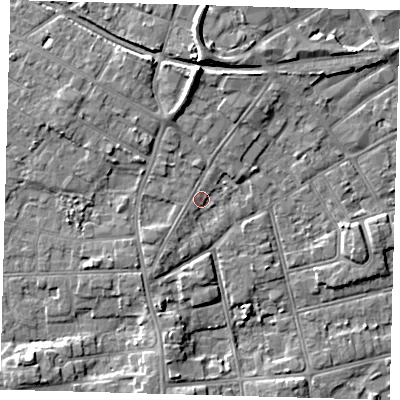 Shaded relief map of the ground around DN320QW, computed from Environment Agency LiDAR. The ground here sits at about 5 m above sea level and falls 8 m across the surrounding 800 m. Surface water reaching this point runs off ground lying to the north-west, 1.0 m higher.