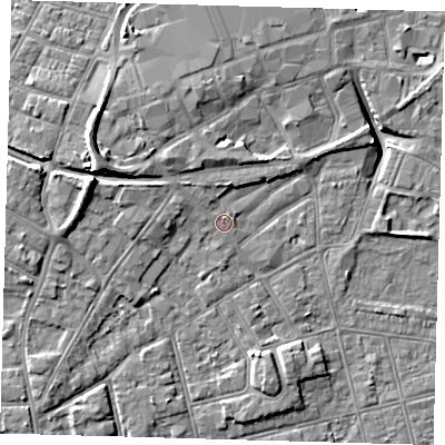 Shaded relief map of the ground around DN320RA, computed from Environment Agency LiDAR. The ground here sits at about 4 m above sea level and falls 10 m across the surrounding 800 m. Surface water reaching this point runs off ground lying to the west-north-west, 2.4 m higher.