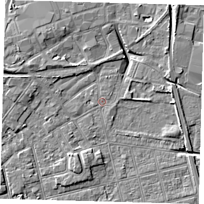 Shaded relief map of the ground around DN320RF, computed from Environment Agency LiDAR. The ground here sits at about 3 m above sea level and falls 11 m across the surrounding 800 m. Surface water reaching this point runs off ground lying to the west-north-west, 8.6 m higher.
