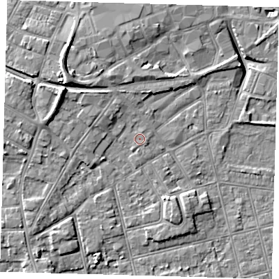Shaded relief map of the ground around DN320RG, computed from Environment Agency LiDAR. The ground here sits at about 4 m above sea level and falls 10 m across the surrounding 800 m. Surface water reaching this point runs off ground lying to the east-south-east, 0.6 m higher.