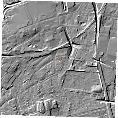 Shaded relief map of the ground around DN320RH, computed from Environment Agency LiDAR. The ground here sits at about 3 m above sea level and falls 11 m across the surrounding 800 m. Surface water reaching this point runs off ground lying to the west, 3.7 m higher.