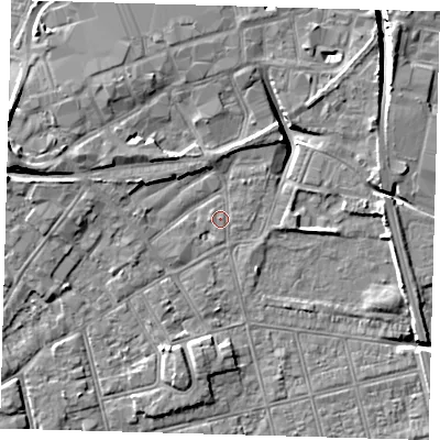Shaded relief map of the ground around DN320RJ, computed from Environment Agency LiDAR. The ground here sits at about 3 m above sea level and falls 13 m across the surrounding 800 m. Surface water reaching this point runs off ground lying to the west-north-west, 3.7 m higher.