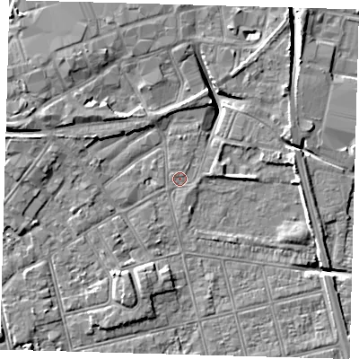 Shaded relief map of the ground around DN320RL, computed from Environment Agency LiDAR. The ground here sits at about 3 m above sea level and falls 11 m across the surrounding 800 m. Surface water reaching this point runs off ground lying to the west-north-west, 7.9 m higher.