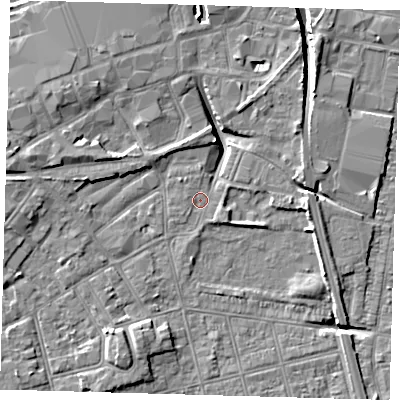 Shaded relief map of the ground around DN320RN, computed from Environment Agency LiDAR. The ground here sits at about 3 m above sea level and falls 9 m across the surrounding 800 m. Surface water reaching this point runs off ground lying to the west, 6.4 m higher.