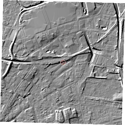 Shaded relief map of the ground around DN320RR, computed from Environment Agency LiDAR. The ground here sits at about 3 m above sea level and falls 13 m across the surrounding 800 m. Surface water reaching this point runs off ground lying to the west, 2.6 m higher.