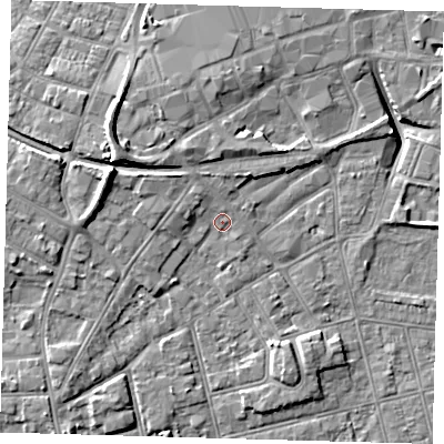 Shaded relief map of the ground around DN320RY, computed from Environment Agency LiDAR. The ground here sits at about 4 m above sea level and falls 10 m across the surrounding 800 m. Surface water reaching this point runs off ground lying to the north-west, 2.4 m higher.