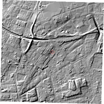 Shaded relief map of the ground around DN320SD, computed from Environment Agency LiDAR. The ground here sits at about 4 m above sea level and falls 10 m across the surrounding 800 m. Surface water reaching this point runs off ground lying to the west-north-west, 1.9 m higher.