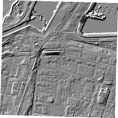 Shaded relief map of the ground around DN327AA, computed from Environment Agency LiDAR. The ground here sits at about 4 m above sea level and falls 7 m across the surrounding 800 m. Surface water reaching this point runs off ground lying to the west-north-west, 5.0 m higher.