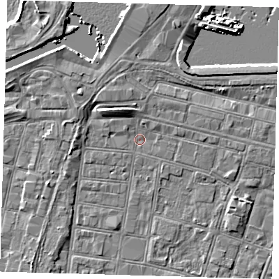 Shaded relief map of the ground around DN327AB, computed from Environment Agency LiDAR. The ground here sits at about 3 m above sea level and falls 7 m across the surrounding 800 m. Surface water reaching this point runs off ground lying to the north-west, 5.0 m higher.