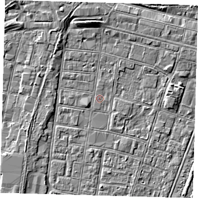 Shaded relief map of the ground around DN327AE, computed from Environment Agency LiDAR. The ground here sits at about 3 m above sea level and falls 5 m across the surrounding 800 m. Surface water reaching this point runs off ground lying to the west-south-west, 1.2 m higher.