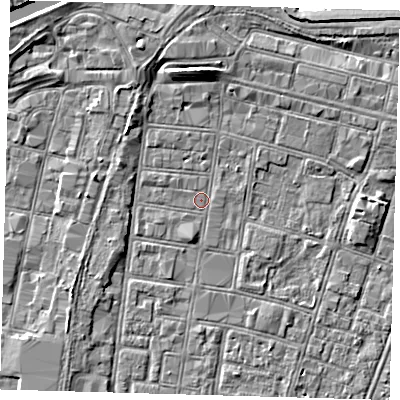 Shaded relief map of the ground around DN327AG, computed from Environment Agency LiDAR. The ground here sits at about 3 m above sea level and falls 7 m across the surrounding 800 m. Surface water reaching this point runs off ground lying to the north, 5.2 m higher.