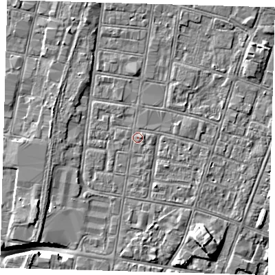 Shaded relief map of the ground around DN327AP, computed from Environment Agency LiDAR. The ground here sits at about 3 m above sea level and falls 9 m across the surrounding 800 m. Surface water reaching this point runs off ground lying to the east, 0.7 m higher.