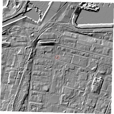 Shaded relief map of the ground around DN327AQ, computed from Environment Agency LiDAR. The ground here sits at about 3 m above sea level and falls 7 m across the surrounding 800 m. Surface water reaching this point runs off ground lying to the north-west, 5.0 m higher.