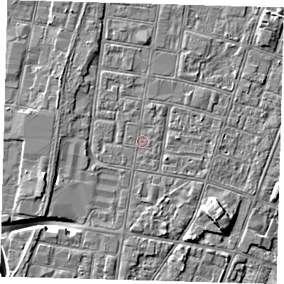 Shaded relief map of the ground around DN327AS, computed from Environment Agency LiDAR. The ground here sits at about 3 m above sea level and falls 9 m across the surrounding 800 m. The ground contributing surface water to this point lies to the east-north-east.