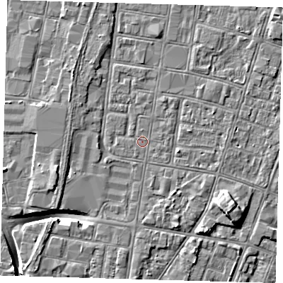 Shaded relief map of the ground around DN327AT, computed from Environment Agency LiDAR. The ground here sits at about 3 m above sea level and falls 9 m across the surrounding 800 m. Surface water reaching this point runs off ground lying to the south-south-east, 1.7 m higher.