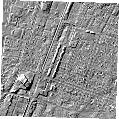 Shaded relief map of the ground around DN327AW, computed from Environment Agency LiDAR. The ground here sits at about 4 m above sea level and falls 5 m across the surrounding 800 m. Surface water reaching this point runs off ground lying to the south-south-west, 1.5 m higher.