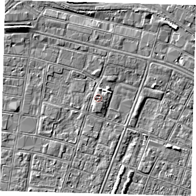 Shaded relief map of the ground around DN327AZ, computed from Environment Agency LiDAR. The ground here sits at about 4 m above sea level and falls 6 m across the surrounding 800 m. Surface water reaching this point runs off ground lying to the north-north-east, 1.1 m higher.