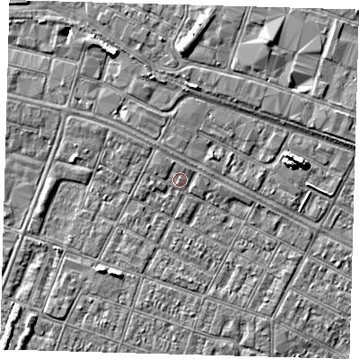 Shaded relief map of the ground around DN327BA, computed from Environment Agency LiDAR. The ground here sits at about 4 m above sea level and falls 8 m across the surrounding 800 m. Surface water reaching this point runs off ground lying to the north-north-west, 1.2 m higher.