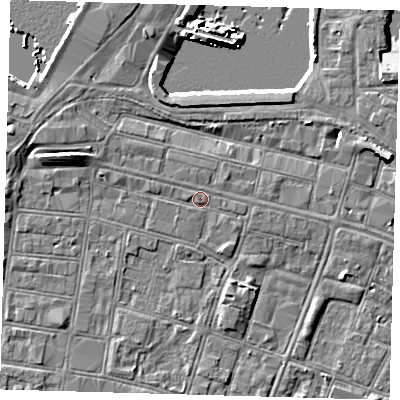 Shaded relief map of the ground around DN327BD, computed from Environment Agency LiDAR. The ground here sits at about 4 m above sea level and falls 7 m across the surrounding 800 m. Surface water reaching this point runs off ground lying to the east-south-east, 0.7 m higher.