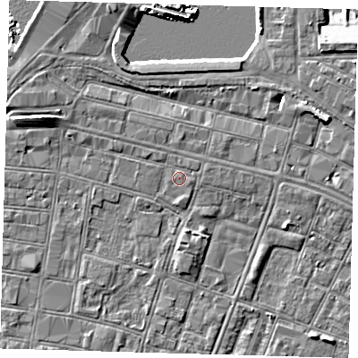 Shaded relief map of the ground around DN327BE, computed from Environment Agency LiDAR. The ground here sits at about 4 m above sea level and falls 7 m across the surrounding 800 m. Surface water reaching this point runs off ground lying to the east-north-east, 0.6 m higher.