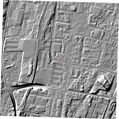 Shaded relief map of the ground around DN327BH, computed from Environment Agency LiDAR. The ground here sits at about 3 m above sea level and falls 9 m across the surrounding 800 m. The ground contributing surface water to this point lies to the south.