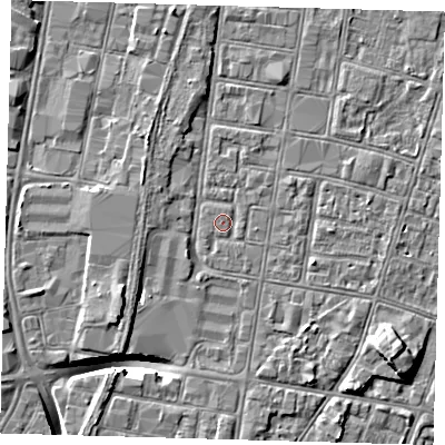 Shaded relief map of the ground around DN327BL, computed from Environment Agency LiDAR. The ground here sits at about 3 m above sea level and falls 9 m across the surrounding 800 m. Surface water reaching this point runs off ground lying to the south-east, 1.8 m higher.