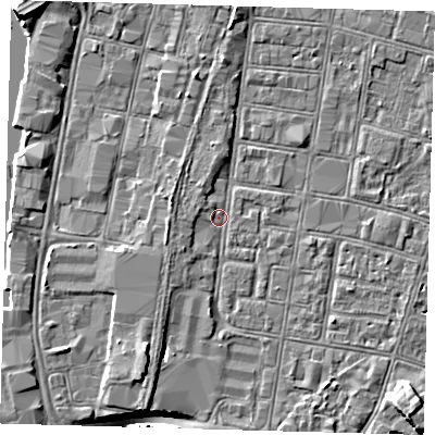 Shaded relief map of the ground around DN327BN, computed from Environment Agency LiDAR. The ground here sits at about 3 m above sea level and falls 11 m across the surrounding 800 m. Surface water reaching this point runs off ground lying to the south-south-east, 1.9 m higher.