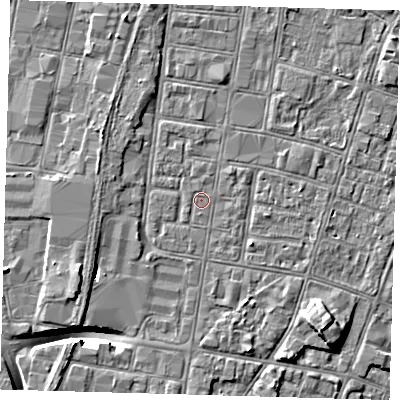 Shaded relief map of the ground around DN327BP, computed from Environment Agency LiDAR. The ground here sits at about 3 m above sea level and falls 9 m across the surrounding 800 m. The ground contributing surface water to this point lies to the east.