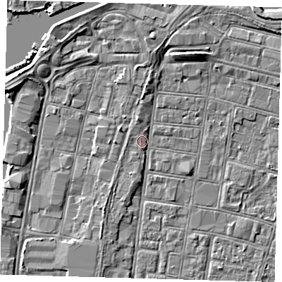 Shaded relief map of the ground around DN327DA, computed from Environment Agency LiDAR. The ground here sits at about 4 m above sea level and falls 7 m across the surrounding 800 m. Surface water reaching this point runs off ground lying to the south-south-west, 1.8 m higher.