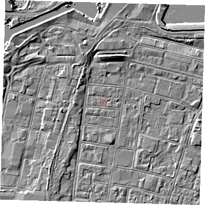Shaded relief map of the ground around DN327DD, computed from Environment Agency LiDAR. The ground here sits at about 3 m above sea level and falls 7 m across the surrounding 800 m. The ground contributing surface water to this point lies to the north.