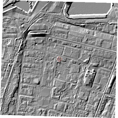 Shaded relief map of the ground around DN327DJ, computed from Environment Agency LiDAR. The ground here sits at about 3 m above sea level and falls 7 m across the surrounding 800 m. Surface water reaching this point runs off ground lying to the west-north-west, 0.6 m higher.
