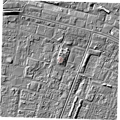 Shaded relief map of the ground around DN327DL, computed from Environment Agency LiDAR. The ground here sits at about 4 m above sea level and falls 6 m across the surrounding 800 m. Surface water reaching this point runs off ground lying to the north-north-east, 1.2 m higher.