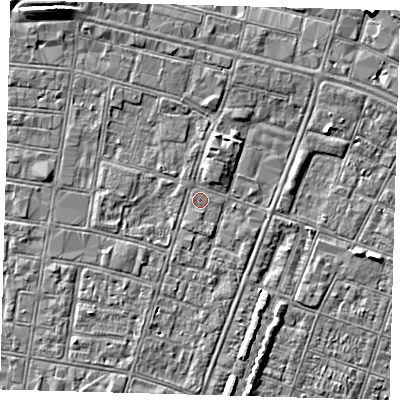 Shaded relief map of the ground around DN327DN, computed from Environment Agency LiDAR. The ground here sits at about 3 m above sea level and falls 5 m across the surrounding 800 m. Surface water reaching this point runs off ground lying to the north-north-east, 1.3 m higher.