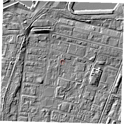 Shaded relief map of the ground around DN327DR, computed from Environment Agency LiDAR. The ground here sits at about 3 m above sea level and falls 7 m across the surrounding 800 m. Surface water reaching this point runs off ground lying to the north-north-west, 0.8 m higher.
