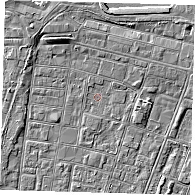 Shaded relief map of the ground around DN327DW, computed from Environment Agency LiDAR. The ground here sits at about 3 m above sea level and falls 7 m across the surrounding 800 m. Surface water reaching this point runs off ground lying to the east, 1.5 m higher.