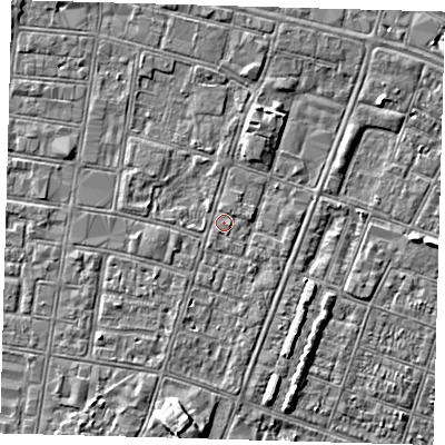 Shaded relief map of the ground around DN327DX, computed from Environment Agency LiDAR. The ground here sits at about 3 m above sea level and falls 5 m across the surrounding 800 m. Surface water reaching this point runs off ground lying to the north-north-east, 0.6 m higher.