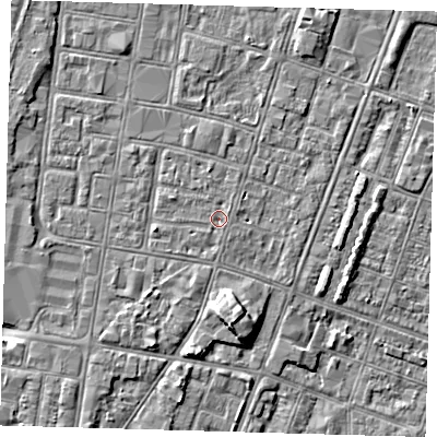 Shaded relief map of the ground around DN327DY, computed from Environment Agency LiDAR. The ground here sits at about 3 m above sea level and falls 6 m across the surrounding 800 m. Surface water reaching this point runs off ground lying to the south, 0.8 m higher.