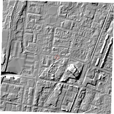 Shaded relief map of the ground around DN327DZ, computed from Environment Agency LiDAR. The ground here sits at about 3 m above sea level and falls 9 m across the surrounding 800 m. Surface water reaching this point runs off ground lying to the south-east, 0.9 m higher.