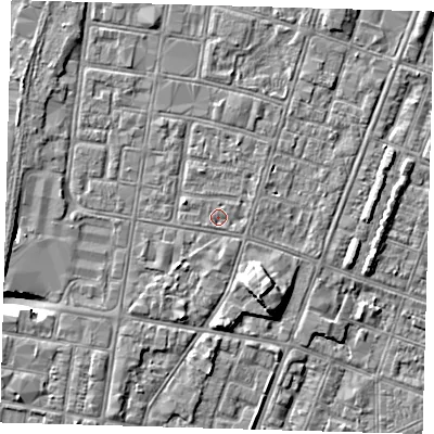 Shaded relief map of the ground around DN327EB, computed from Environment Agency LiDAR. The ground here sits at about 3 m above sea level and falls 9 m across the surrounding 800 m. The ground contributing surface water to this point lies to the north-east.