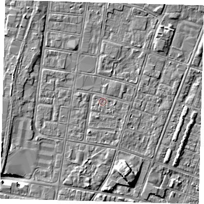 Shaded relief map of the ground around DN327EG, computed from Environment Agency LiDAR. The ground here sits at about 3 m above sea level and falls 9 m across the surrounding 800 m. Surface water reaching this point runs off ground lying to the south-south-west, 1.0 m higher.