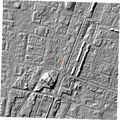 Shaded relief map of the ground around DN327EH, computed from Environment Agency LiDAR. The ground here sits at about 3 m above sea level and falls 5 m across the surrounding 800 m. Surface water reaching this point runs off ground lying to the north-north-east, 1.4 m higher.