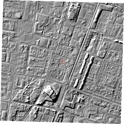 Shaded relief map of the ground around DN327EJ, computed from Environment Agency LiDAR. The ground here sits at about 3 m above sea level and falls 5 m across the surrounding 800 m. Surface water reaching this point runs off ground lying to the north-north-east, 1.4 m higher.