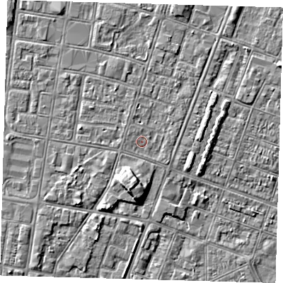 Shaded relief map of the ground around DN327EN, computed from Environment Agency LiDAR. The ground here sits at about 3 m above sea level and falls 5 m across the surrounding 800 m. Surface water reaching this point runs off ground lying to the west-north-west, 0.8 m higher.