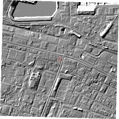 Shaded relief map of the ground around DN327EP, computed from Environment Agency LiDAR. The ground here sits at about 4 m above sea level and falls 9 m across the surrounding 800 m. Surface water reaching this point runs off ground lying to the east, 0.9 m higher.