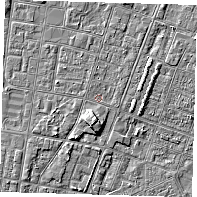 Shaded relief map of the ground around DN327EQ, computed from Environment Agency LiDAR. The ground here sits at about 3 m above sea level and falls 5 m across the surrounding 800 m. Surface water reaching this point runs off ground lying to the south, 3.8 m higher.